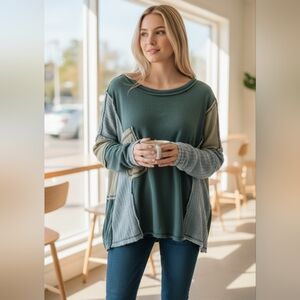 POL Patchwork Long Sleeve Top - Teal and Blue Oversized Boutique